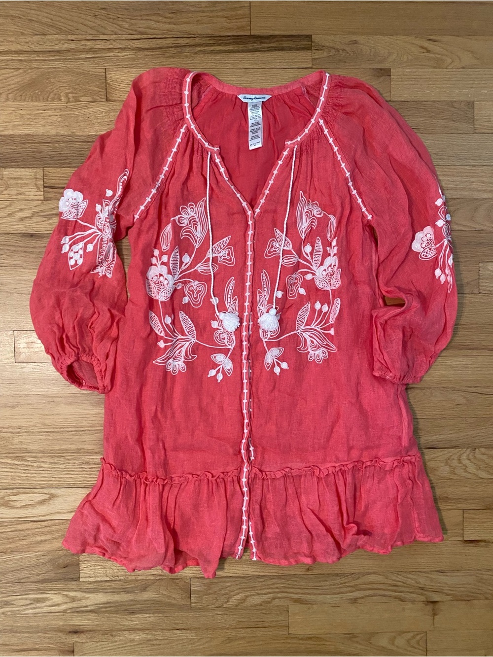 Tommy Bahama Embroidered Tassel Linen Cotton Dress Coral Pink